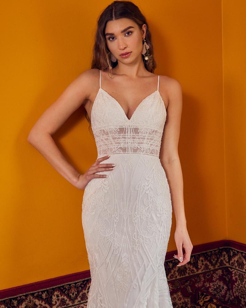 Lp2345 v neck spaghetti strap wedding dress with detachable puff sleeves4